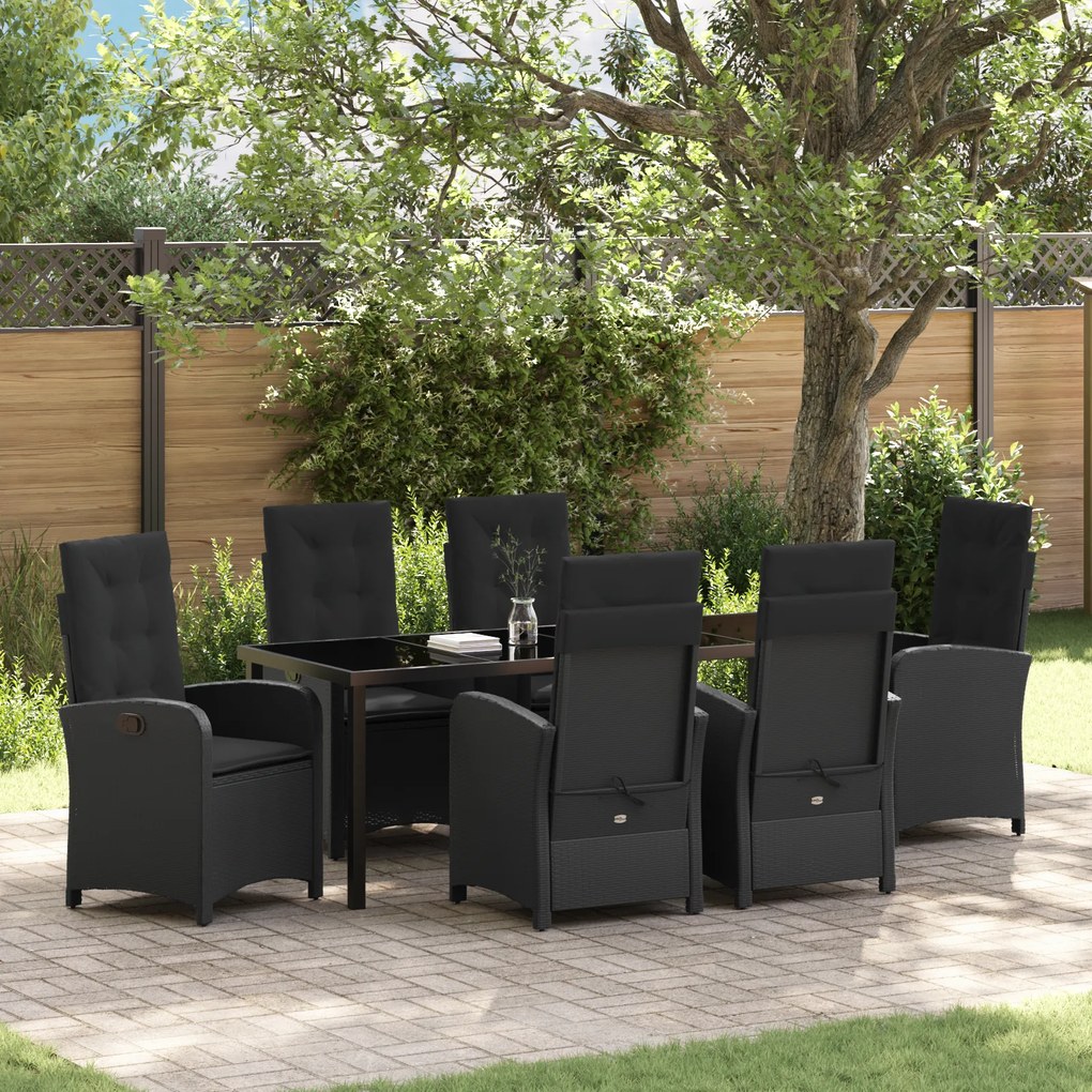 vidaXL Conjunto de Jantar de Jardim 7 peças com Almofadas - Rattan Preto