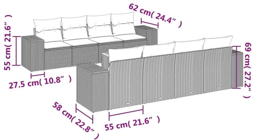 9 pcs conjunto de sofás p/ jardim com almofadões vime PE bege