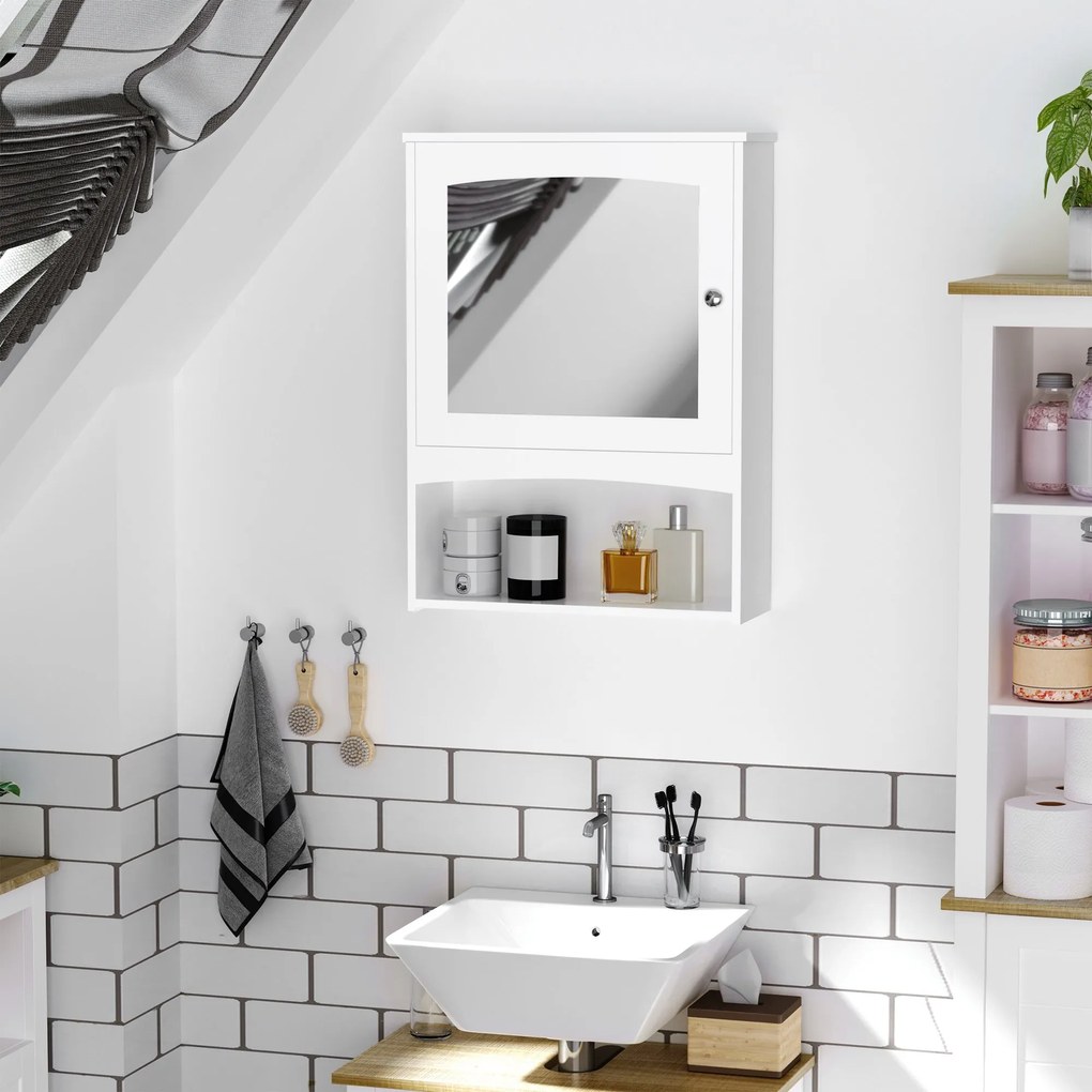Armário Casa de Banho de Parede com Espelho 1 Porta Prateleira Interior Ajustável e Compartimento Aberto Armário Suspenso Multiuso para Cozinha Sala d