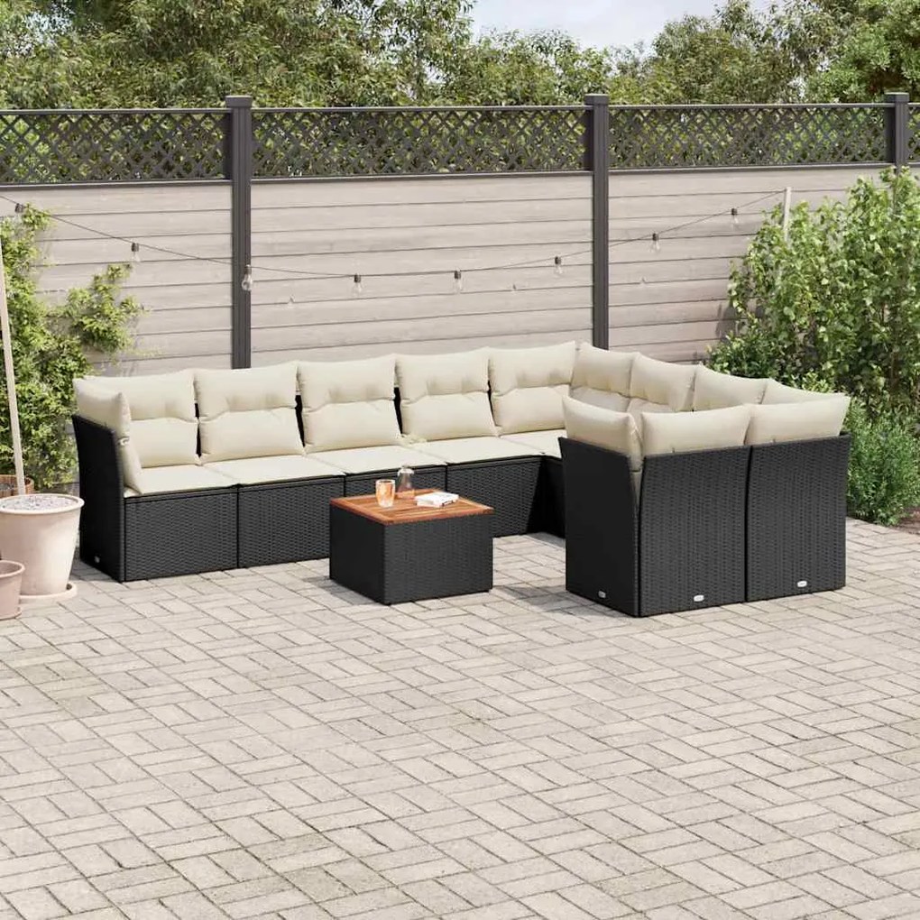 10 pcs conjunto sofás de jardim c/ almofadões vime PE preto