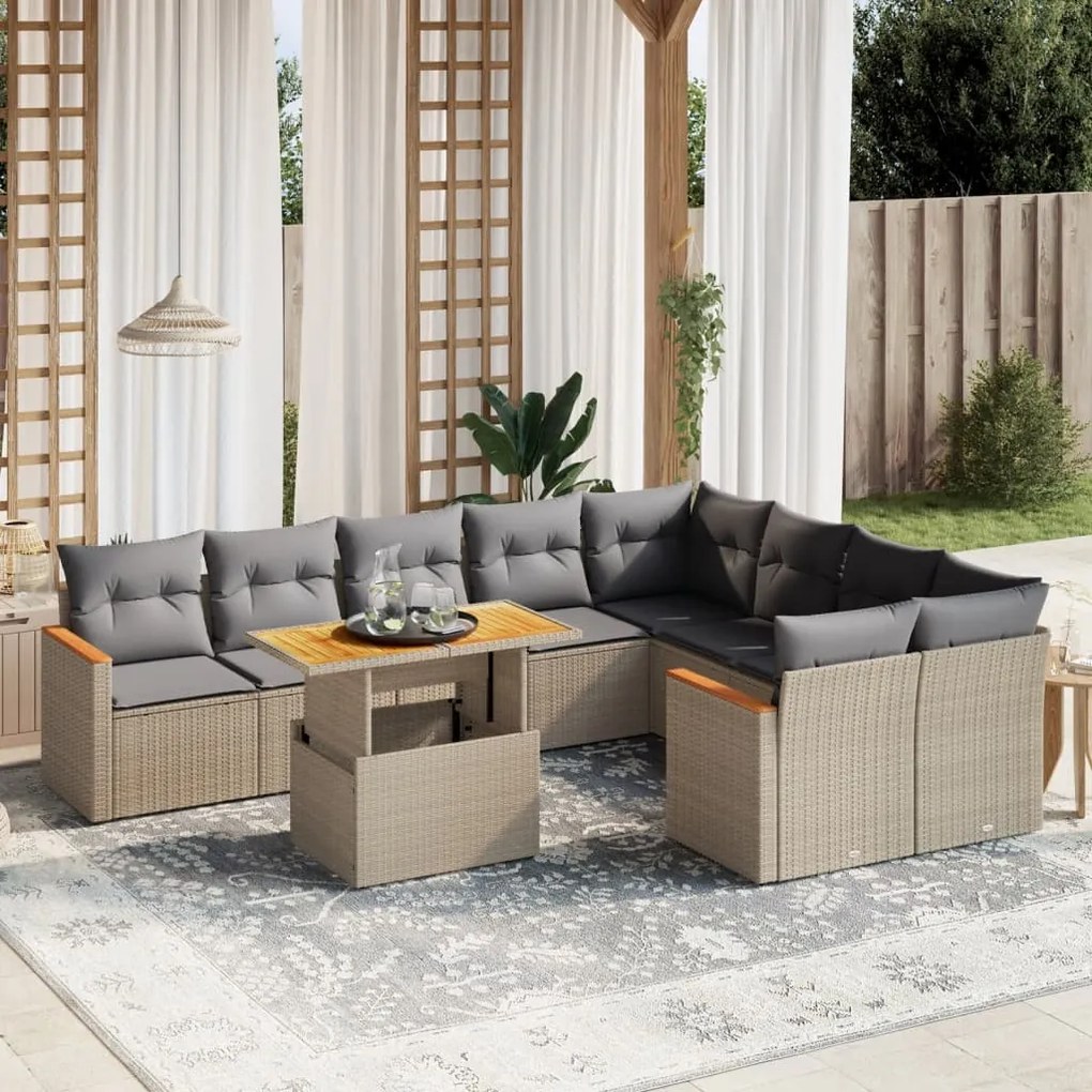 10 pcs conjunto de sofás p/ jardim com almofadões vime PE bege
