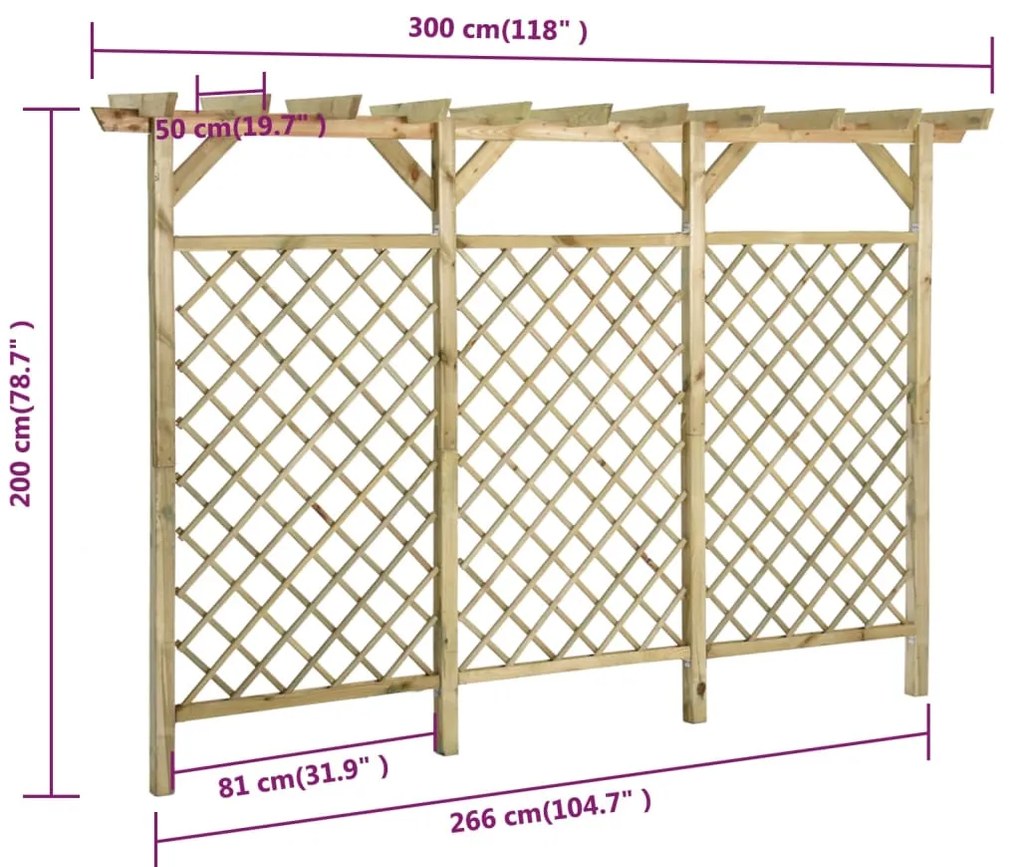 Cerca treliça c/ pérgola no topo 300x50x200 cm pinho impregnado