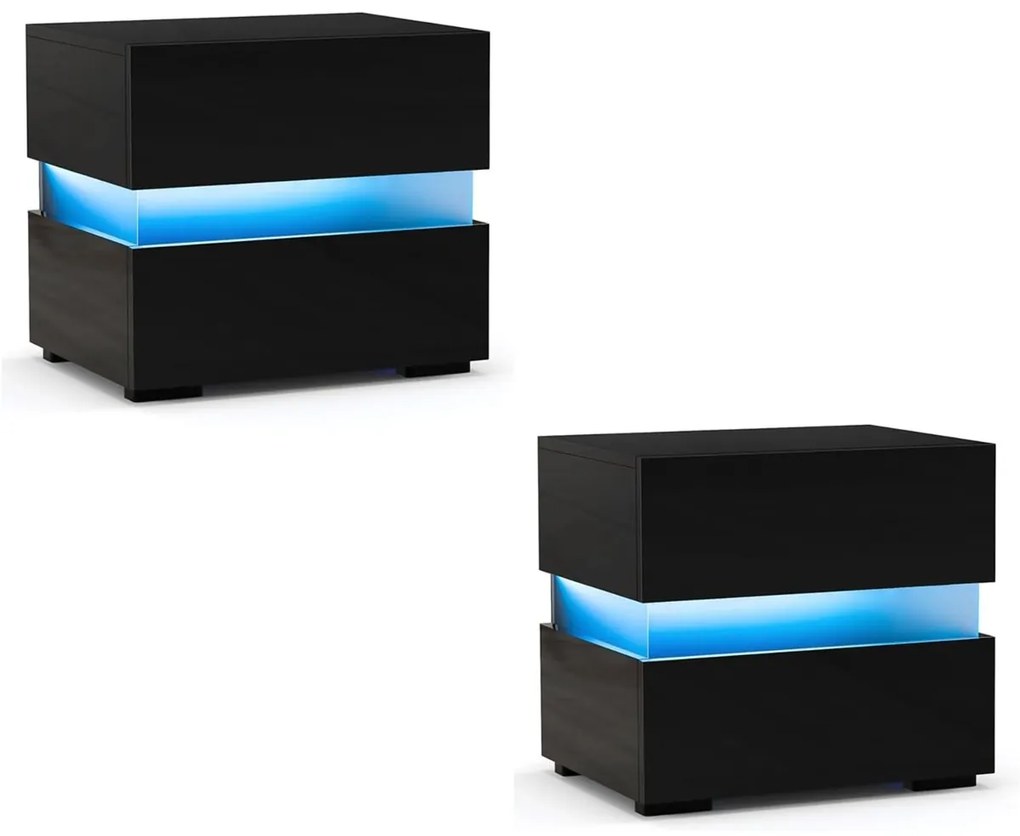Conjunto 2 mesas de cabeceira LED com gavetas, controlo remoto, 22 modos dinâmicos, 10 velocidades e 5 intensidades de luz, design moderno em preto