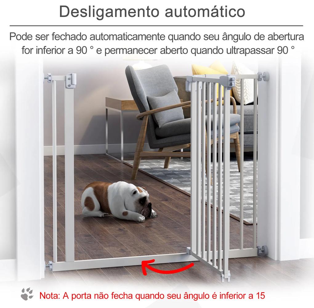 Barreira metálica de segurança para Animais de estimação Cães com extensões de 17,5 cm Sistema de fechamento automático 74,5-84,5x76,2 cm Branco