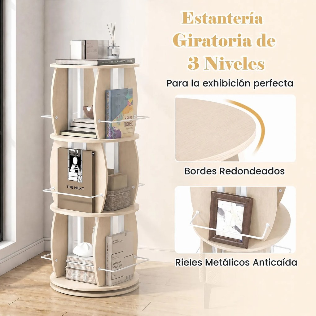 Estante Giratória para Livros, 40 x 40 x 107,5 cm, Rotação de 360° em 3 Níveis, Natural