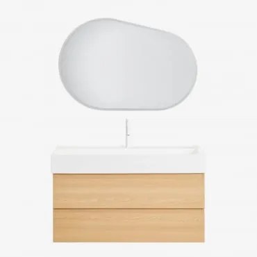 Conjunto De Móvel De Casa De Banho Suspenso Em Madeira E Folha De Freixo Com Lavatório Integrado Ona Madeira Natural & Oval Led - Sklum