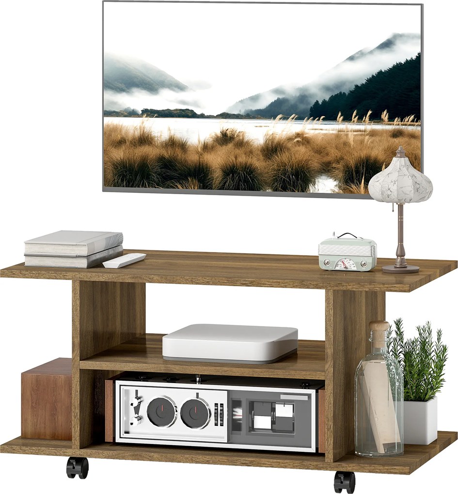 Móvel de televisão com rodas 80 L x 40 P x 40 A cm, móvel para televisores até 42 polegadas com prateleiras abertas, em cor nogueira
