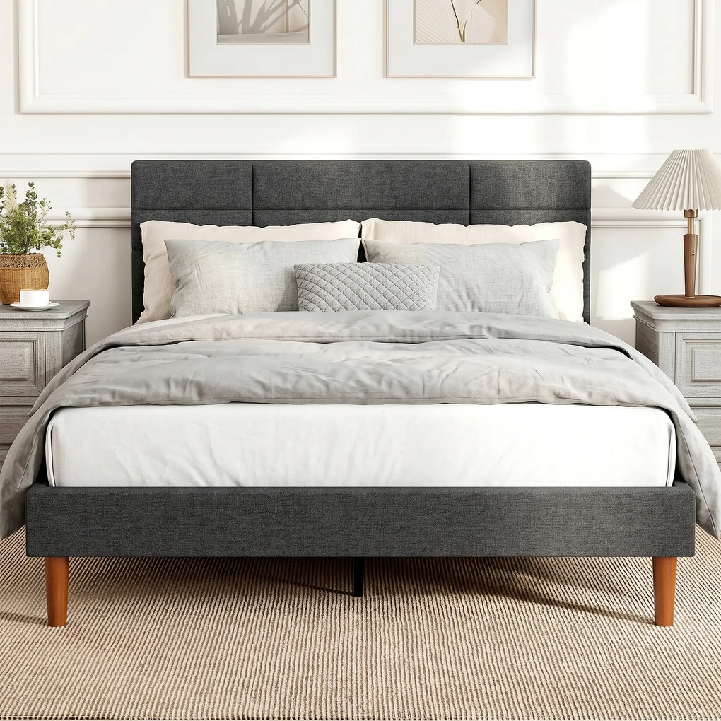 Cama Estofada 140x200 cm (COLCHÃO NÃO INCLUIDO) com Cabeceira Almofadada, Estrado de Ripas e Espaço Livre Inferior, Cinzento