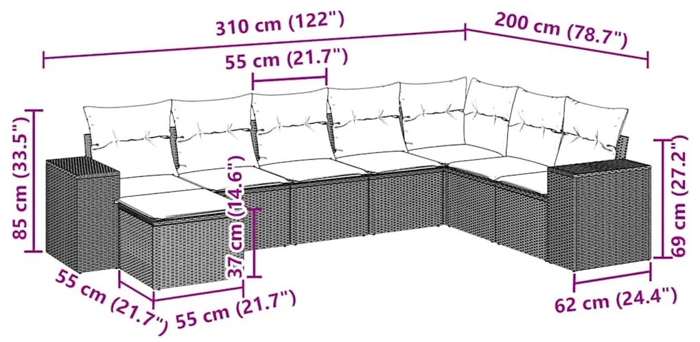 6 pcs conj. sofás jardim com almofadões vime PE cinzento-claro