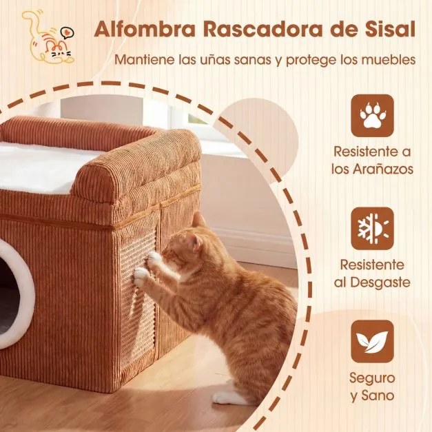 Cama para gatos de interior 49 x 41 x 39 cm - Grande caverna para gatos com condomínio, tapete de sisal para arranhar e almofada - castanha