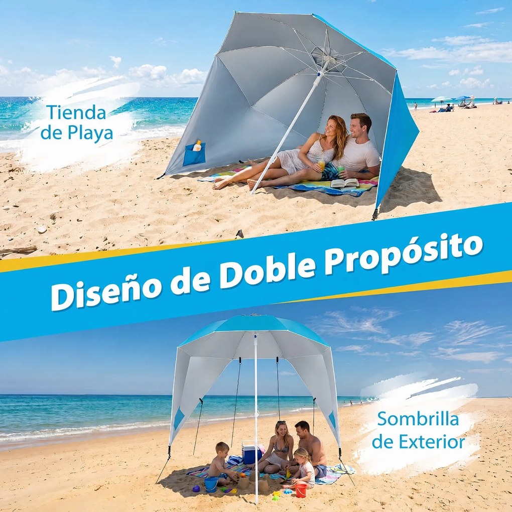 Guarda-sol de Praia Convertível em Tenda, 175 x 175 x 215 cm, Proteção Solar, Turquesa