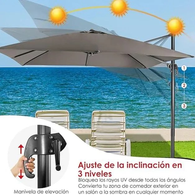 Guarda-sol 300 cm para jardim com manivela, 3 inclinações, rotação de 360°, 8 varas, base cruzada Cinzento
