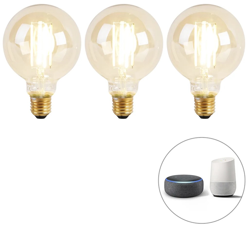 Conjunto de 3 lâmpadas LED inteligentes E27 Dim to Warm G95 Goldline 7W 806lm 1800K - 3000K