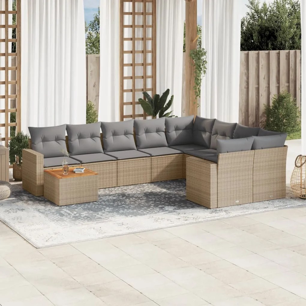 10 pcs conj. sofás jardim c/ almofadões vime PE bege misturado