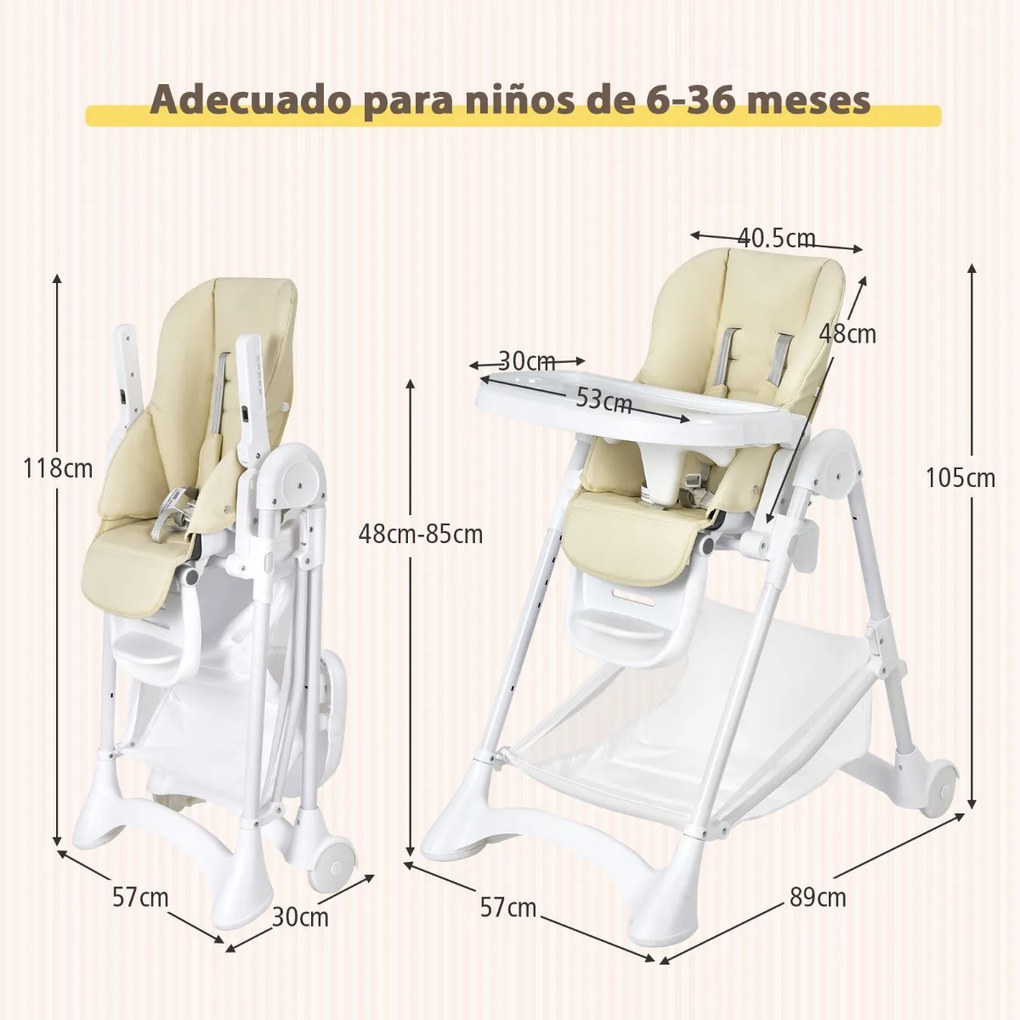 Cadeira Refeição Bebé Alta Cadeira de Jantar Dobrável com Rodas Altura da Almofada em PU Dupla Removível 89 x 57 x 105 cm Bege
