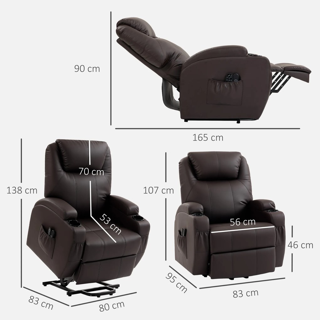 Poltrona elevatória elétrica 83 x 95 x 107 cm, poltrona relax elétrica, apoio para os pés, encosto reclinável, porta USB, castanho