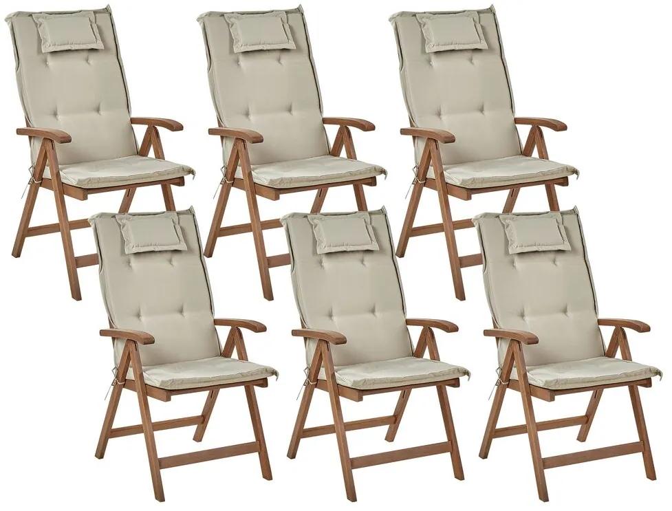 Conjunto 6 cadeiras de jardim em madeira escura de acácia com almofadas taupe AMANTEA Beliani