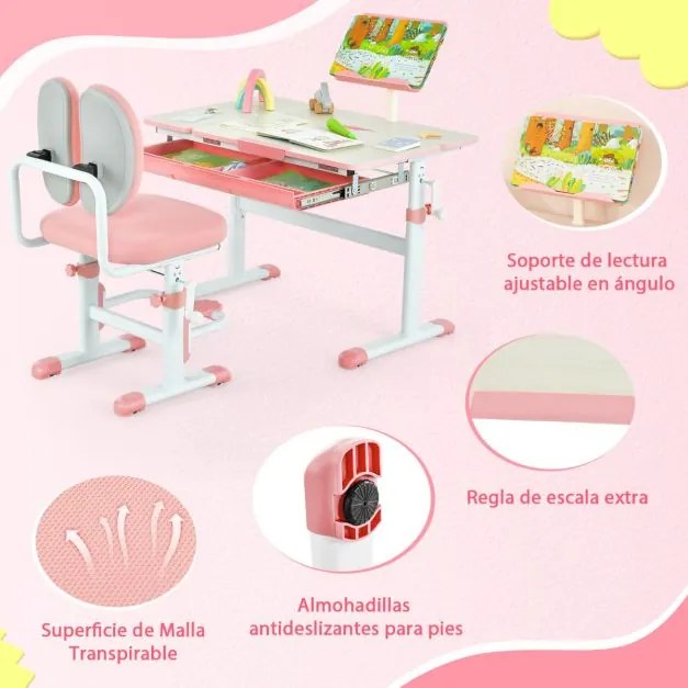 Conjunto de secretária e cadeira para crianças Mesa de estudo ajustável em altura com cadeira ergonómica Rosa