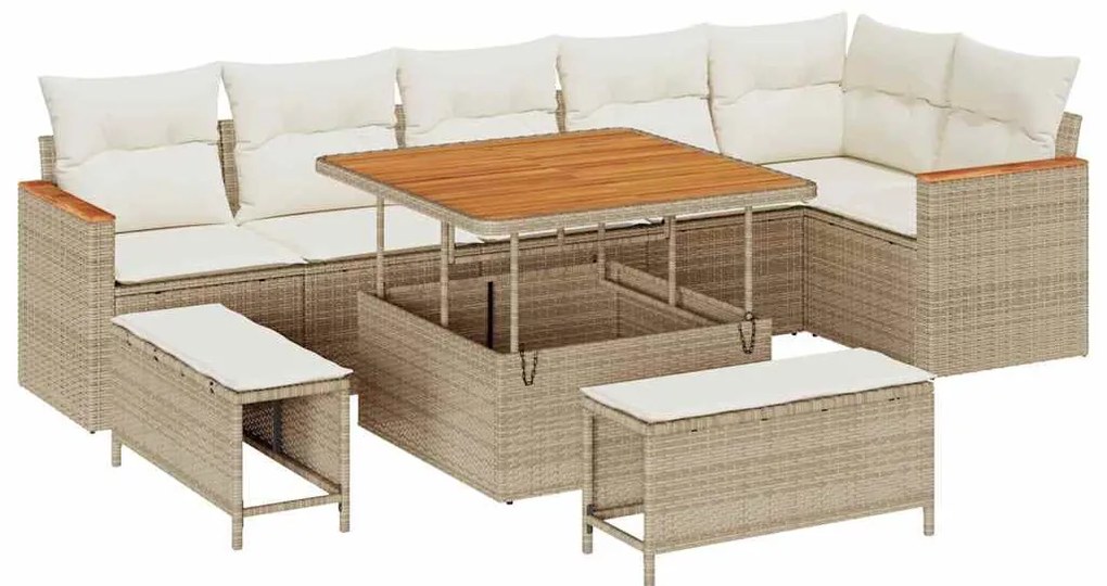 Conjunto de Sofás de Jardim vidaXL 9 Peças com Almofadas Bege Rattan P