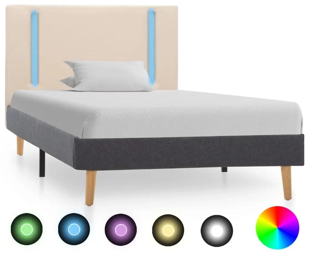 Estrutura cama c/ LED 90x200 cm tecido creme e cinzento-escuro