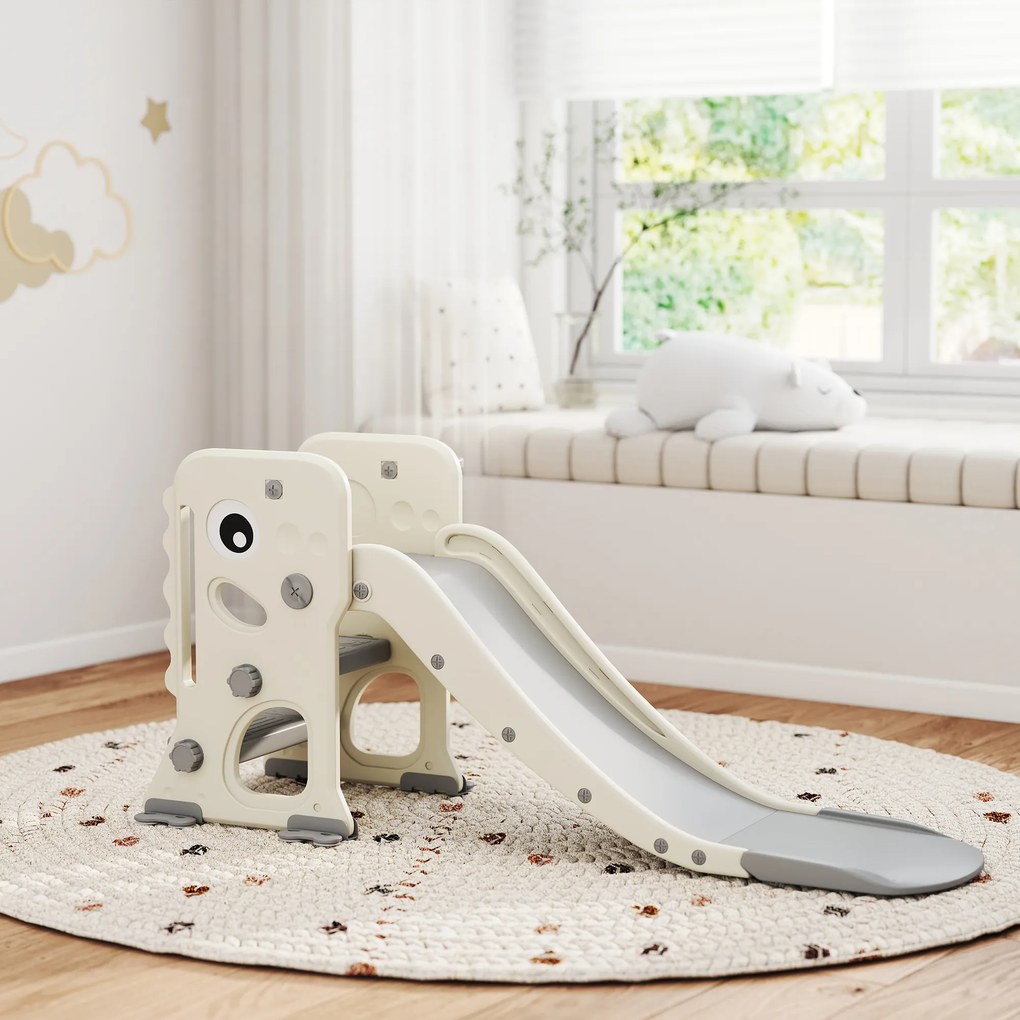 Escorrega Infantil 3 em 1 Dobrável com Escada Cesto de Basquetebol e Desenho de Dinossauro 146x52x65 cm Creme e Cinza