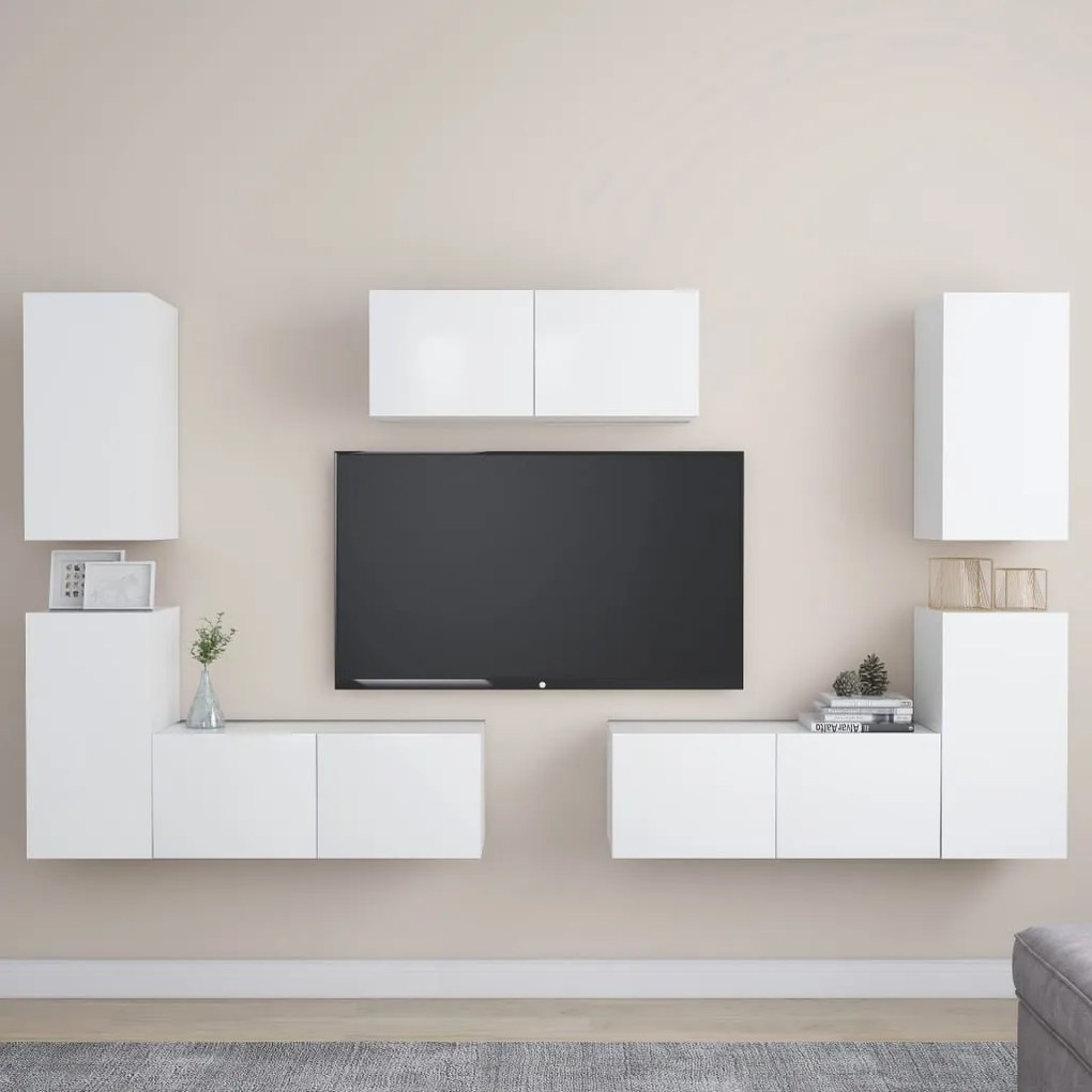 7 pcs conjunto de móveis de TV derivados de madeira branco