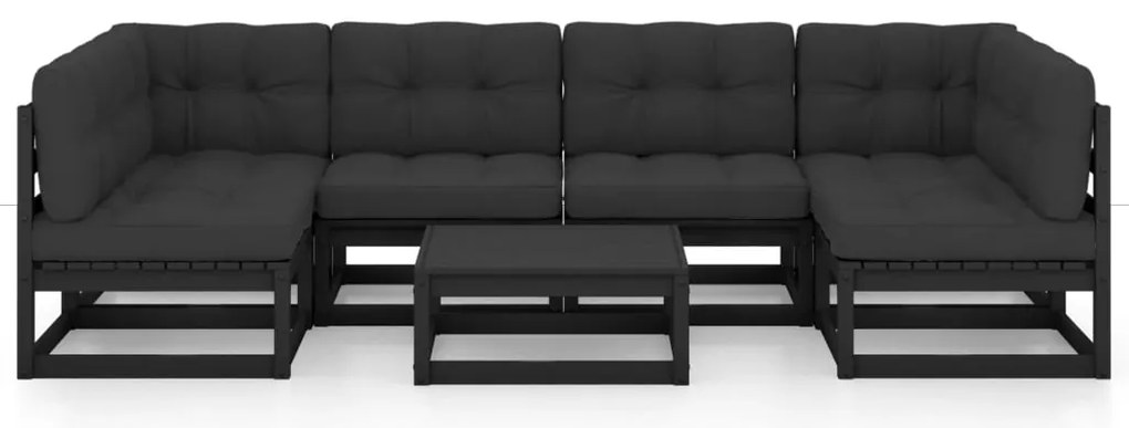 7pcs conjunto longue de jardim c/ almofadões pinho maciço preto