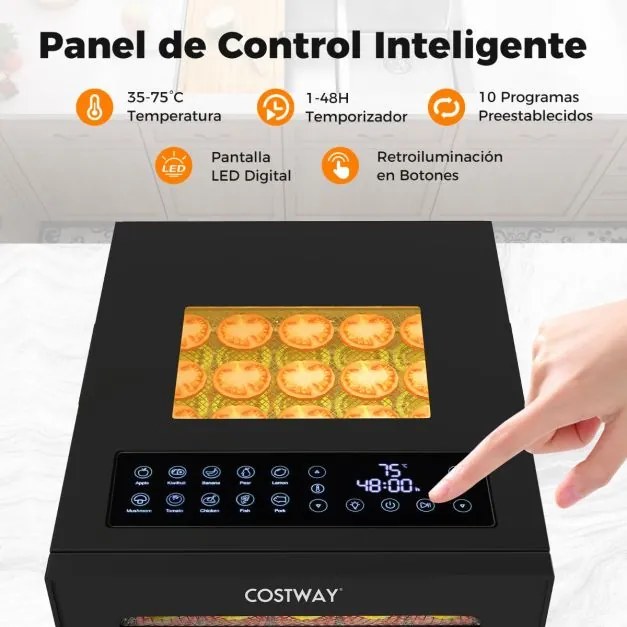 Desidratador de alimentos com bandejas de aço inoxidável Secador de alimentos com ecrã LED Temperatura 35-75 ℃ e temporizador