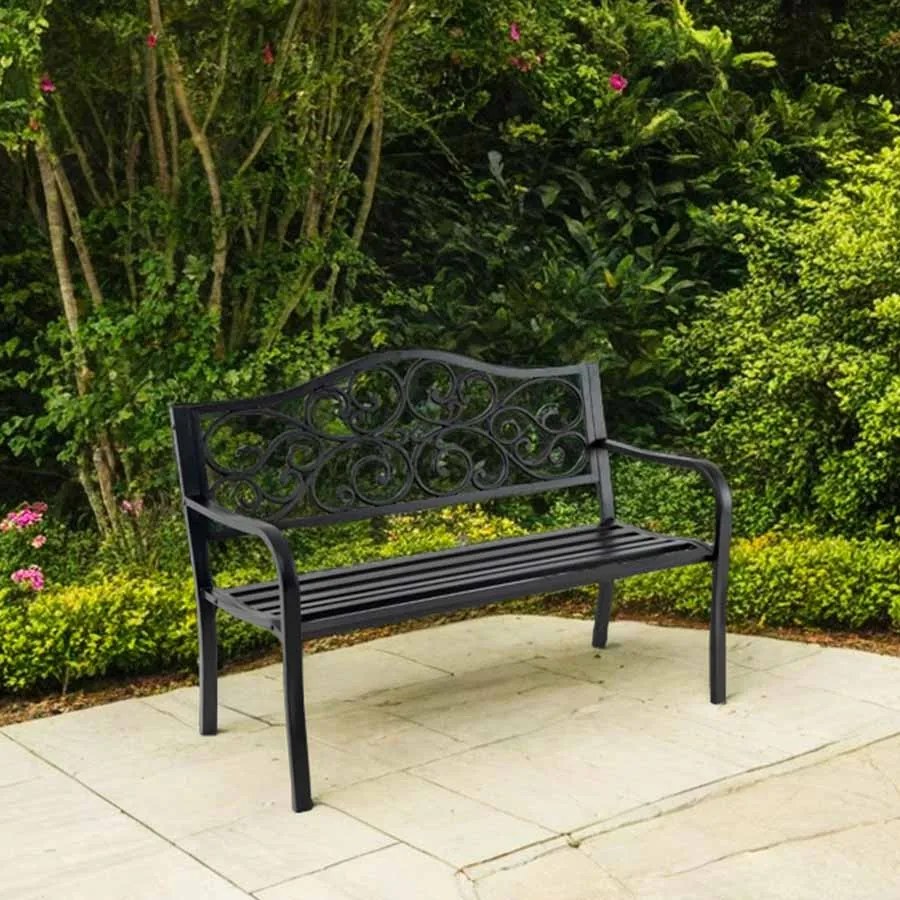 Banco de jardim 128 cm  em ferro fundido com encosto com design floral Apoio para os braços e assento com ripas Preto
