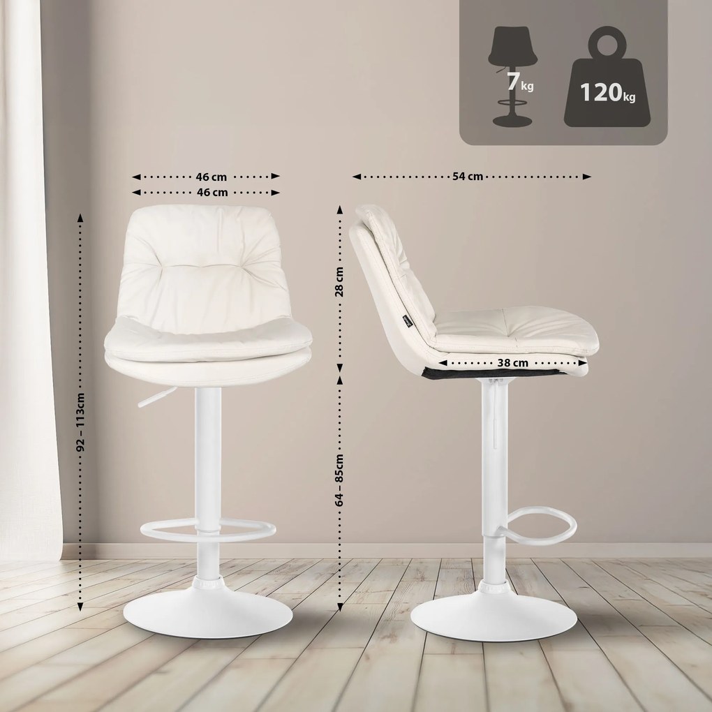 Banco de bar em couro sintético com estrutura branca 92-113 x 46 x 54 cm branco