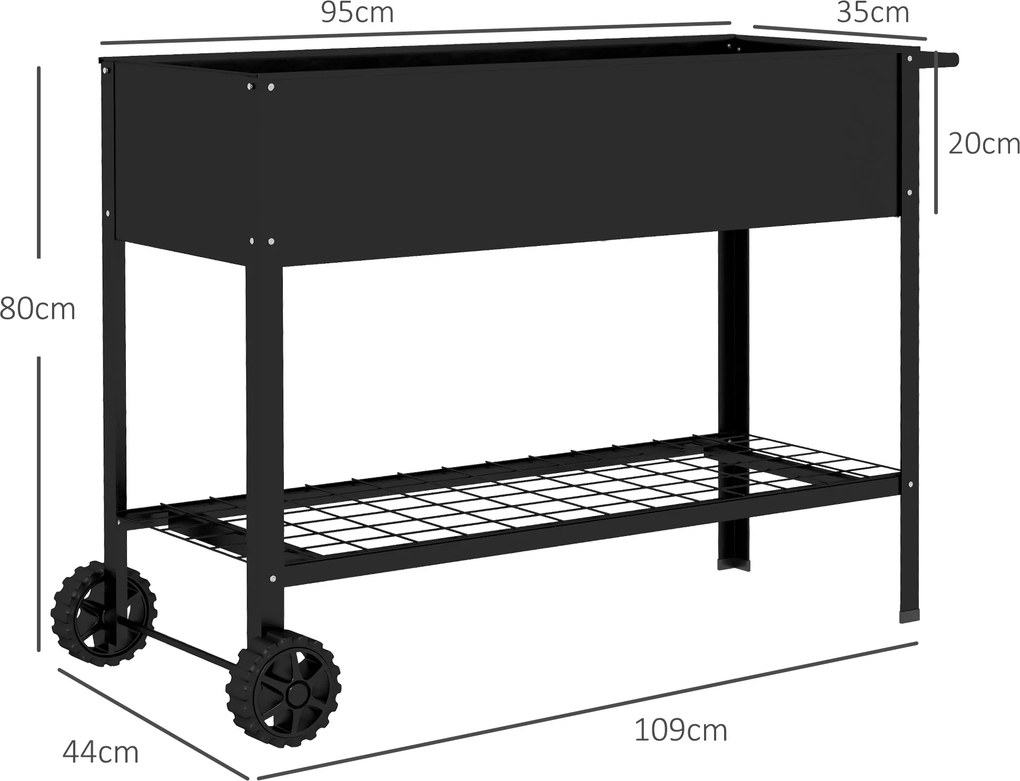 Floreira com pés para horta, 109 x 39 x 80 cm, prateleira, 2 rodas + sistema de rega em metal preto
