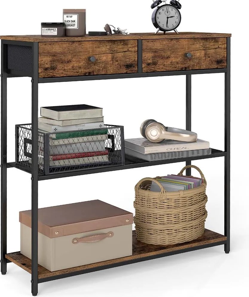 Mesa consola estreita com duas gavetas em tecido 24 x 76 x 80 cm Castanho vinatge + Preto