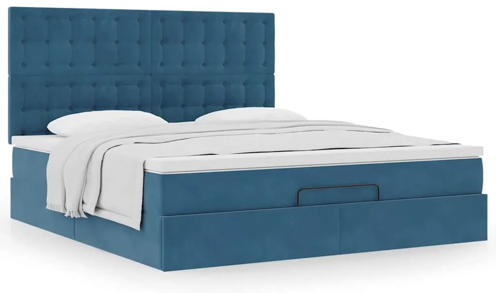 Estrutura de cama otomana com colchão azul escuro veludo