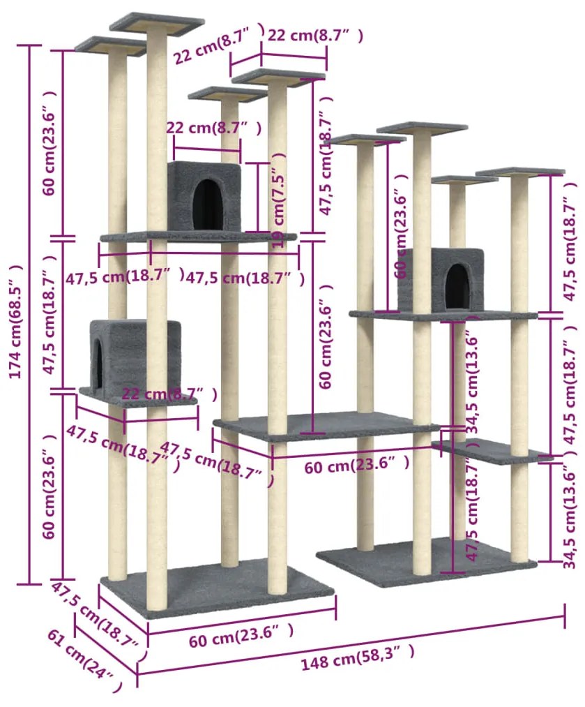 Árvore p/ gatos c/ postes arranhadores sisal 174cm cinza-escuro