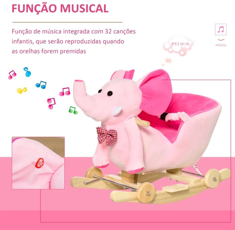 Cavalo Baloiço com Rodas e Forma de Elefante com Músicas Infantis e Cinto de Segurança 60x35x45 cm Rosa