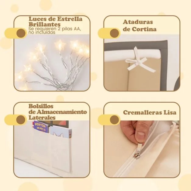 Casa de brincar para crianças para interior 120 x 101 x 143 cm, com luzes de estrelas e tapete acolchoado a partir dos 3 anos Bege + Café