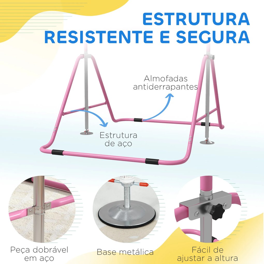 Barra de Ginástica para Crianças Dobrável com Altura Ajustável para Treino em Casa 154x106,2x88,5-128,5 cm Rosa