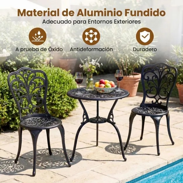 Conjunto de jardim de 3 peças em alumínio fundido: mesa e cadeiras com orifício para guarda-sol e encosto com design em forma de borboleta, para exter