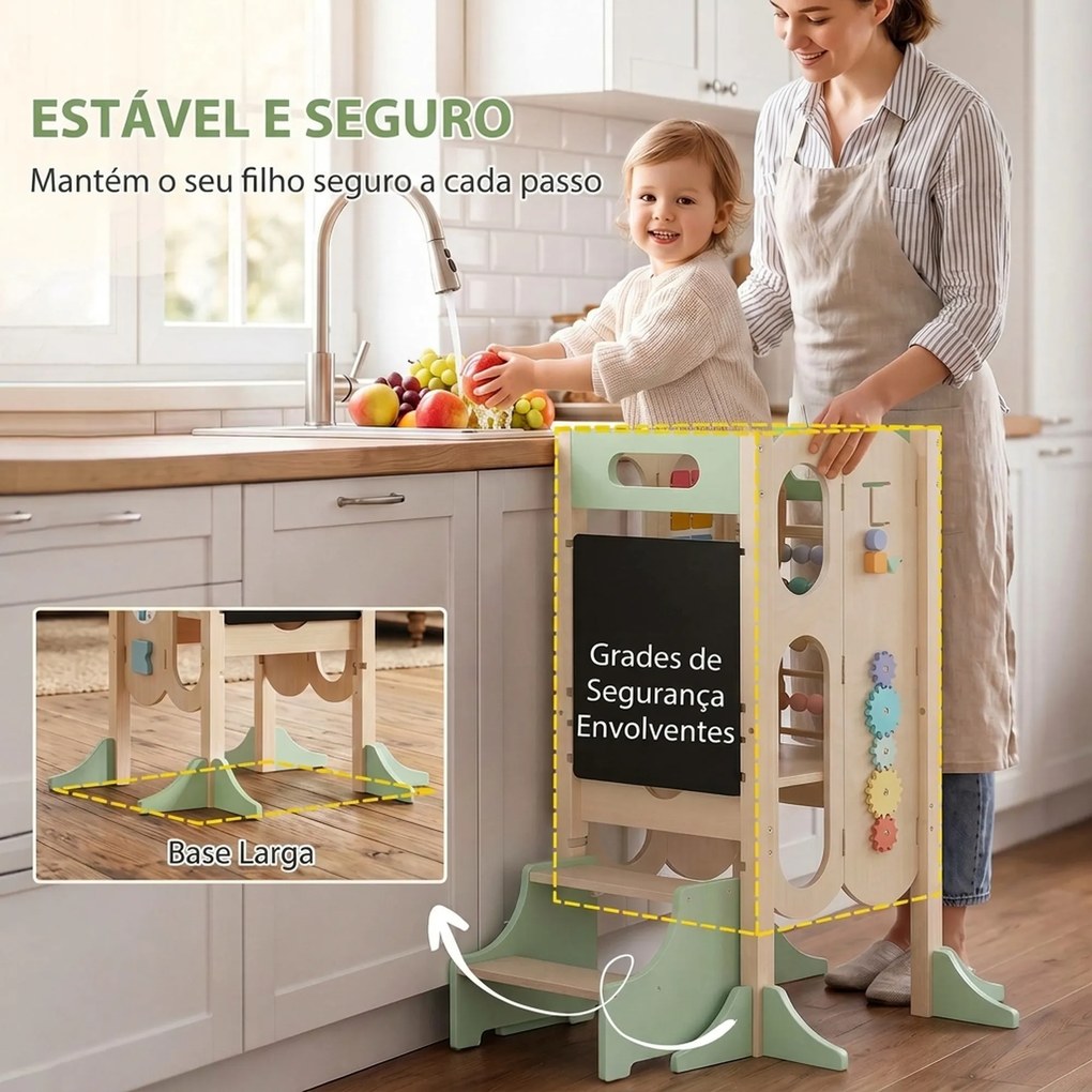 Torre de Aprendizagem Infantil Montessori 6 em 1 com Quadro Banco de Cozinha para Crianças dos 2 aos 6 Anos Verde