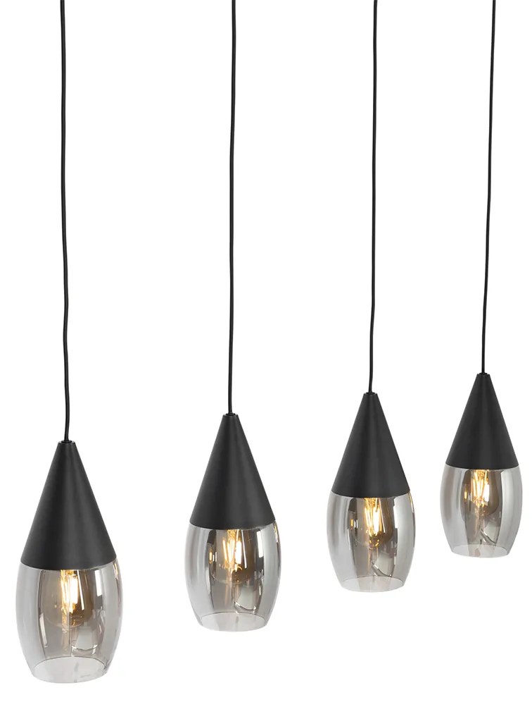 Candeeiro de suspensão moderno preto com vidro fumê 4 luzes - Drop Moderno