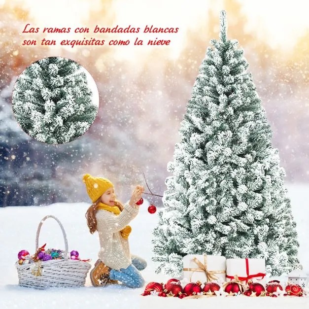 Árvore de Natal 1,8 m com neve Não Iluminada com Dobradiças e Base de Verde e Branca