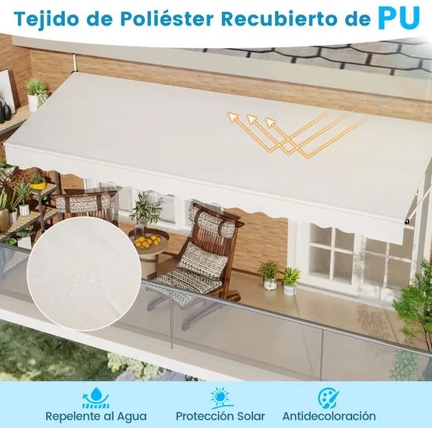 Toldo retrátil manual 4 m x 3 m Toldo exterior com altura ajustável Manivela e sem perfuração para janela Porta Terraço Branco