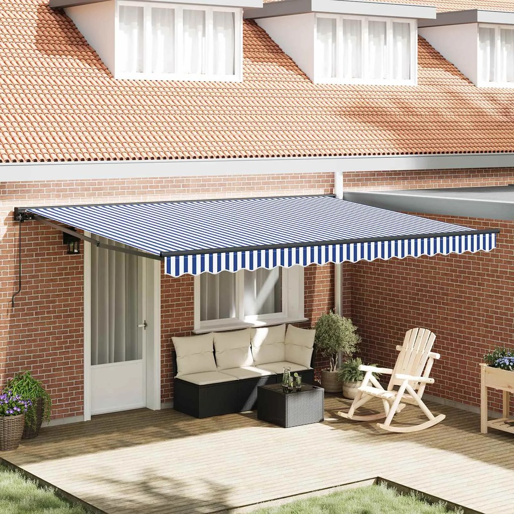 vidaXL Toldo Retrátil Manual Azul e Branco 450x300 cm tecido