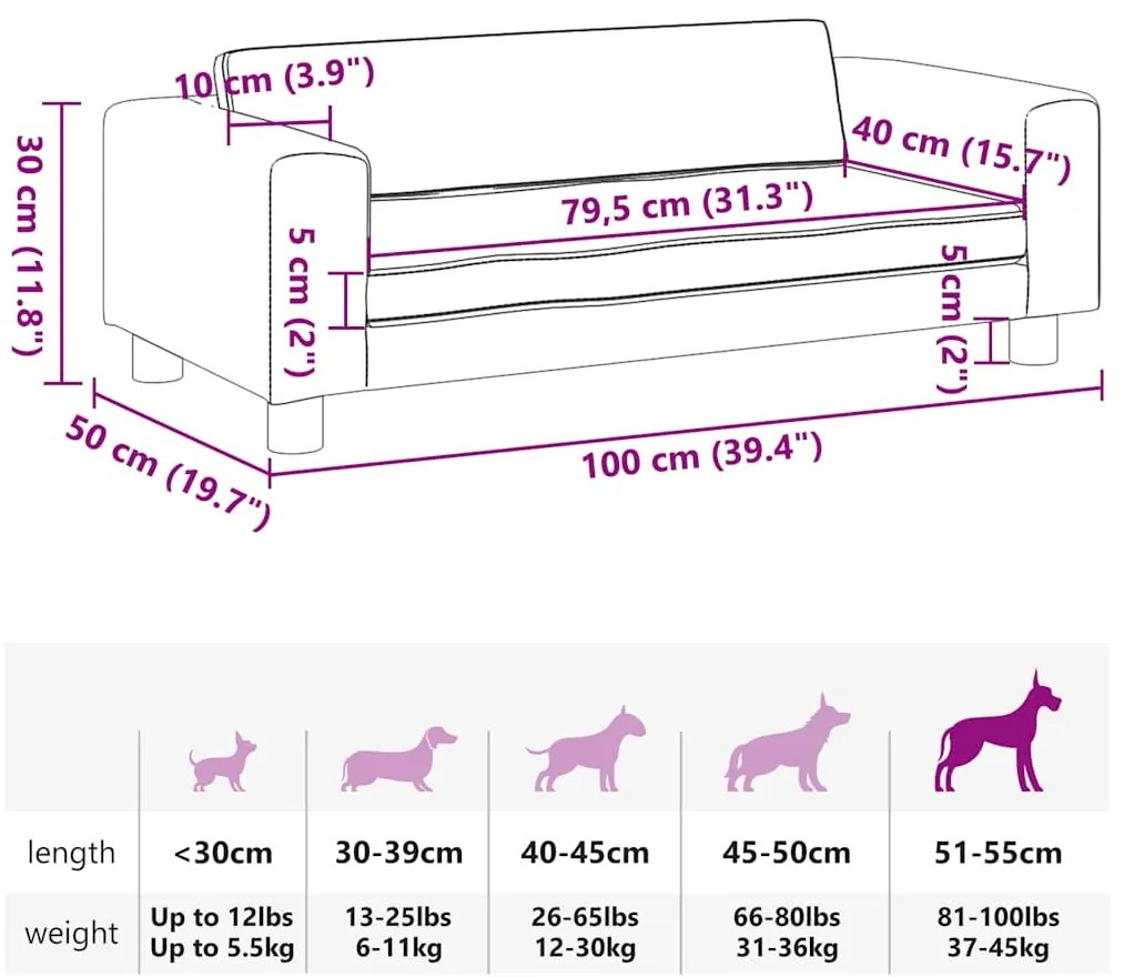 Cama para cães com extensão 100x50x30 cm veludo castanho