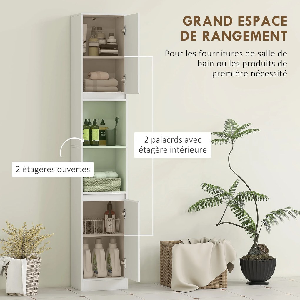 Armário de coluna para casa de banho 30 x 24 x 170 cm, móvel de arrumação com 2 portas, 2 compartimentos abertos, branco