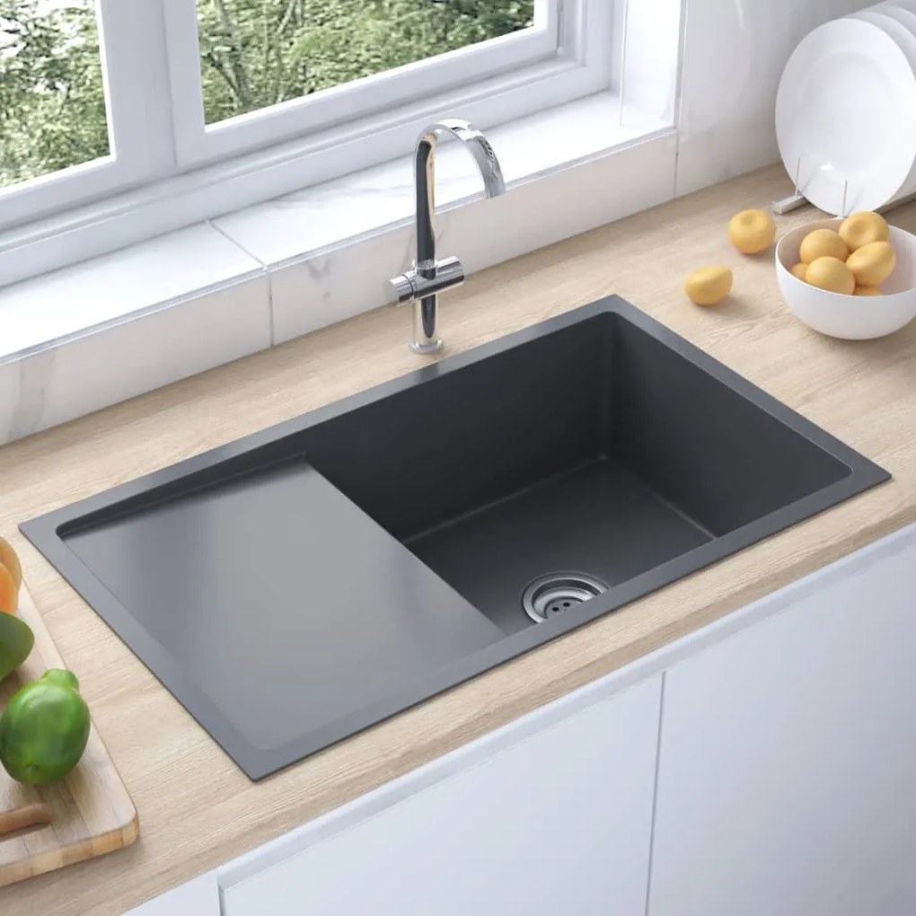 51521 vidaXL Lava-louça de cozinha artesanal aço inoxidável preto