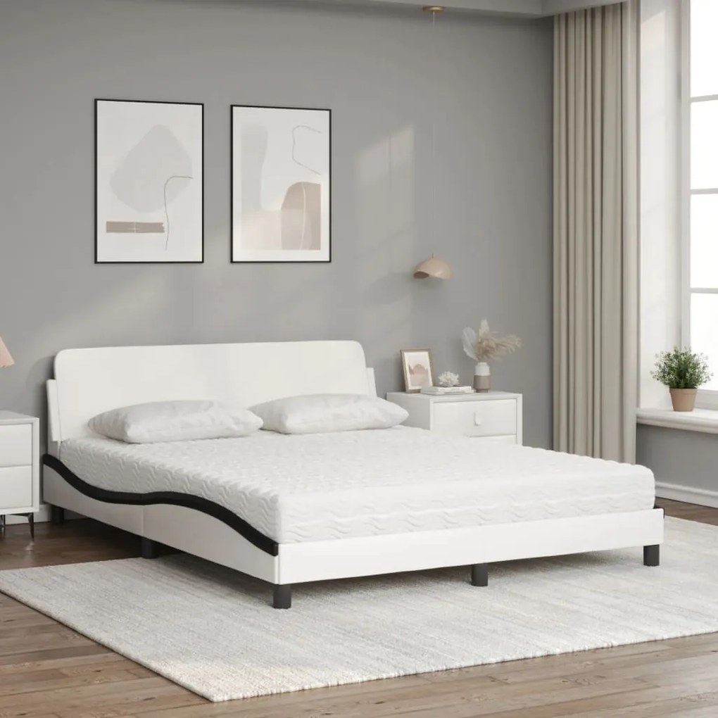 Cama com colchão 160x200 cm couro artificial preto e branco