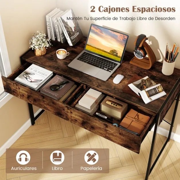 Secretária de escritório 111 x 48 x 76 cm com 2 gavetas, travessas reforçadas e suportes em X castanha