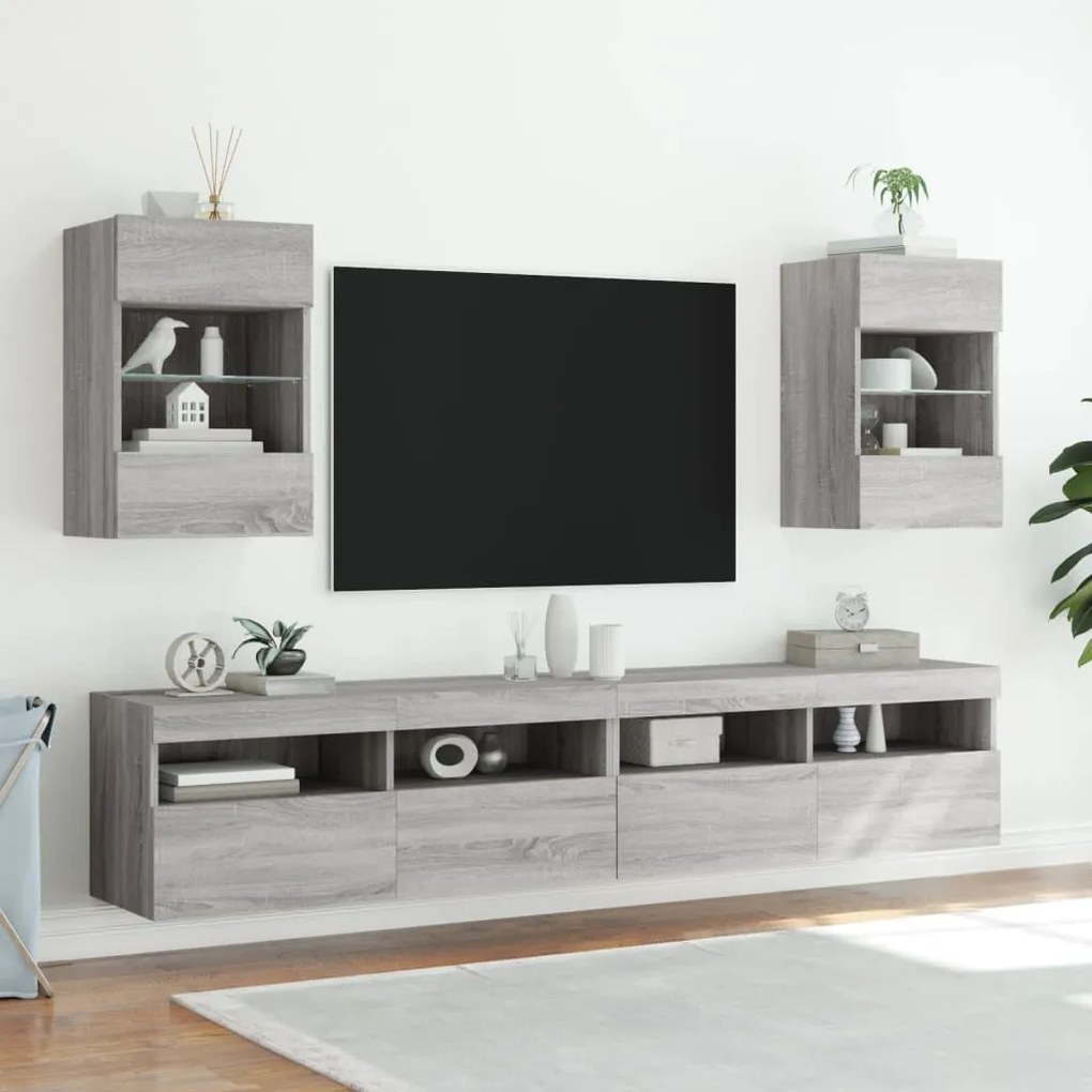 Móveis de parede para TV com luzes LED 2 pcs cinzento sonoma