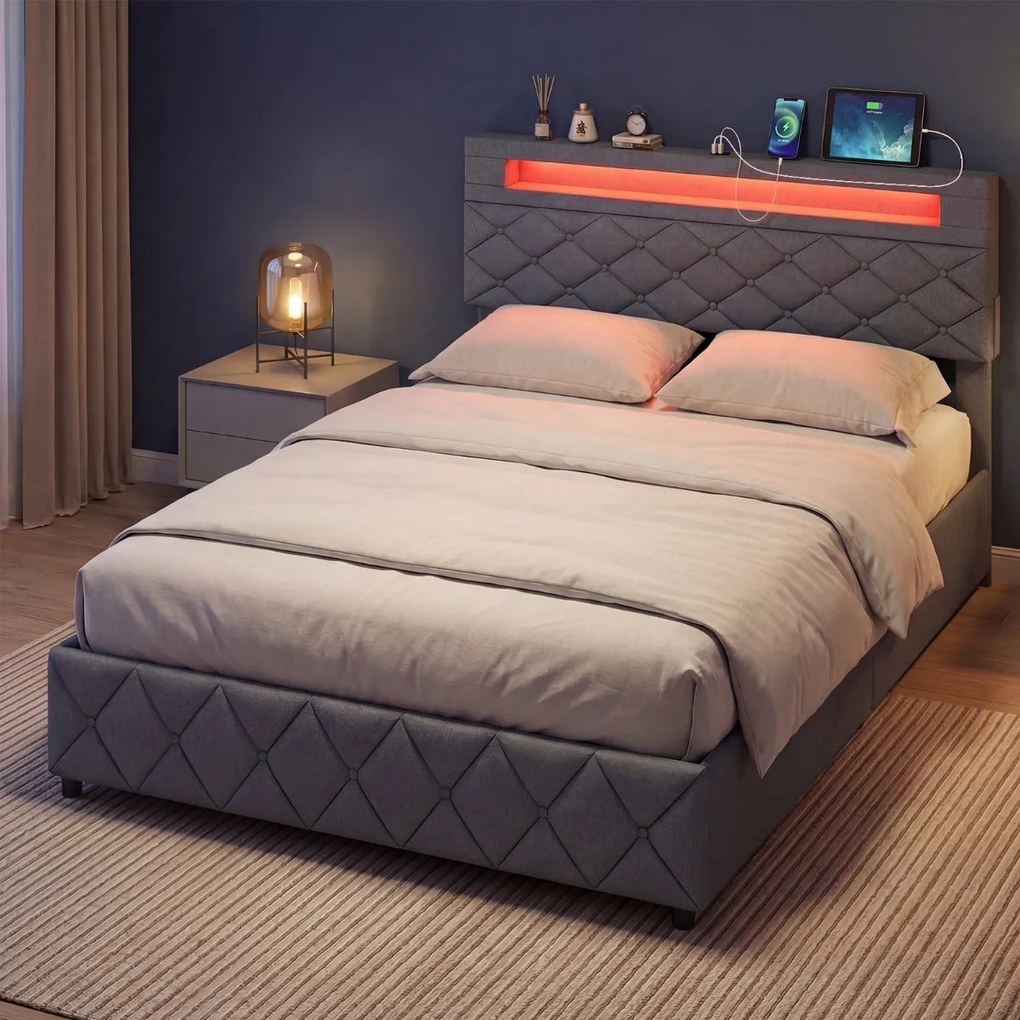 Estrutura de cama 140x200 cm (COLCHÃO NÃO INCLUIDO) com LED USB, estofado, gavetas, cabeceira ajustável, espaço de arrumação, ripas de madeira, não ne
